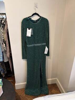 Mac Duggal Bottle Green Beaded Long Sleeve Gown Style 5056 Size 16 READ NEW